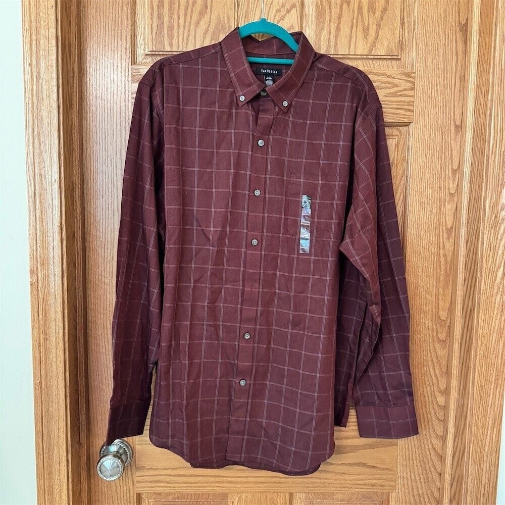 Van Heusen Dress Shirt Mens L 16-16 1/2 Burgundy Windowpane Plaid Button-Down LS